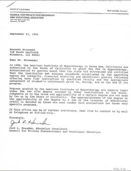 PhD Degree from American Institute of Hypnotherapy in Santa Ana, CA